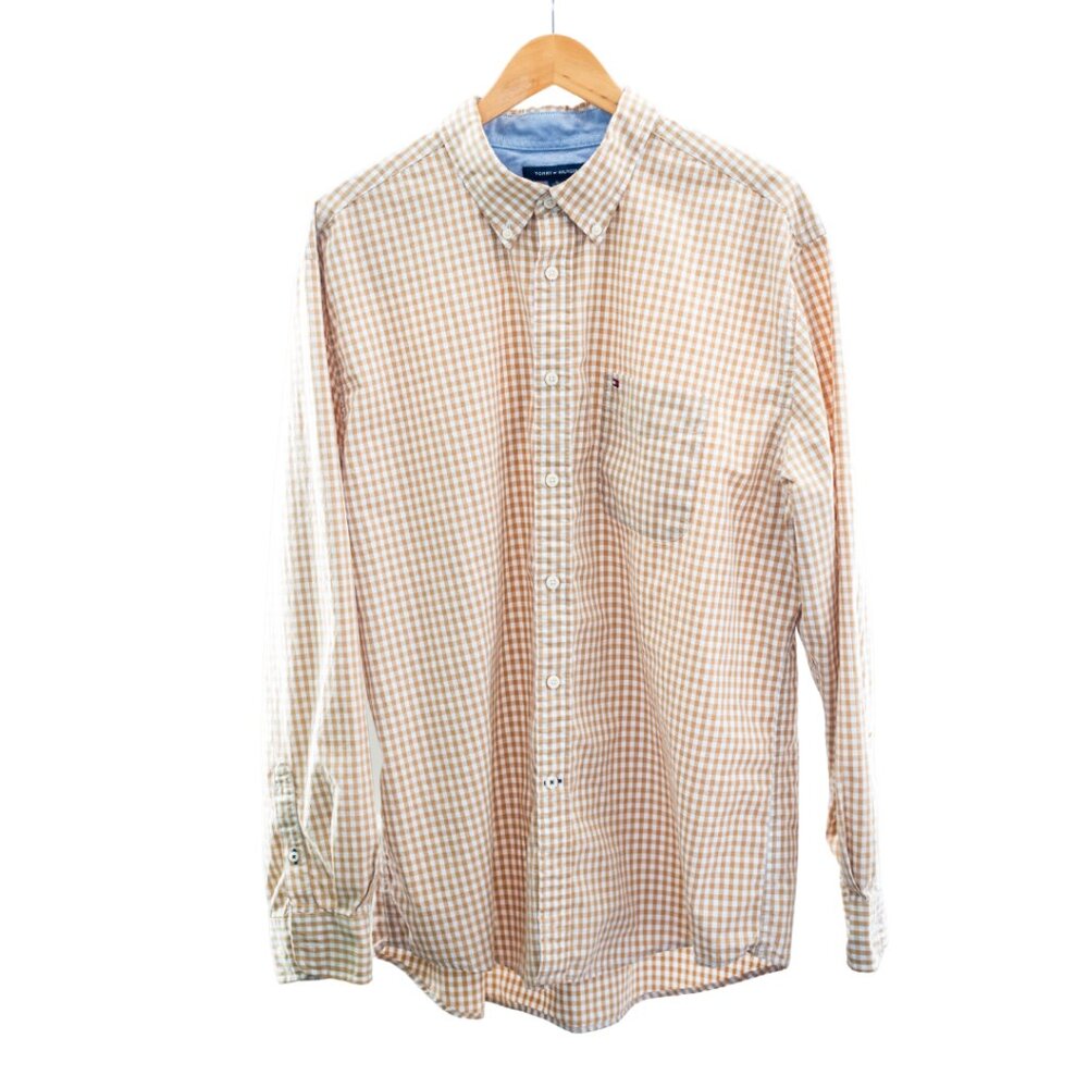 Tommy Hilfiger Men’s XL Classic Fit Gingham Button Down Tan White - Picture 7 of 11